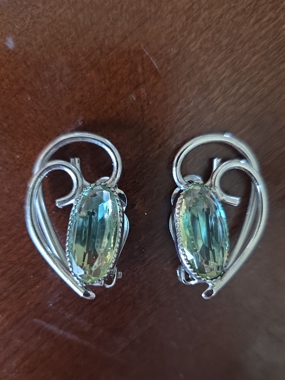 Silver Tone Green Crystal  Clip-On Earrings